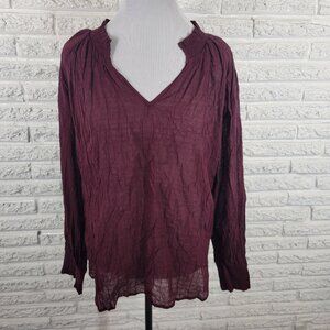 ANA Burgundy Frilly V-Neck Blouse 1X Plus Pullover Sheer Long Sleeve BUR1E